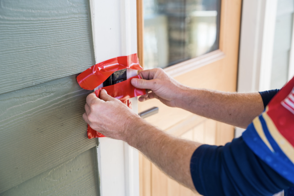 A person is attaching a red adhesive strip on a green exterior wall next to a wooden door. The focus is on the hands and the red strip, suggesting a repair, installation, or weatherproofing task. The background is slightly blurred, highlighting the action being performed.